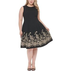 Calvin Klein Selea A-line Black Embroidered Gold Floral Midi Dress Plus 24W NWT